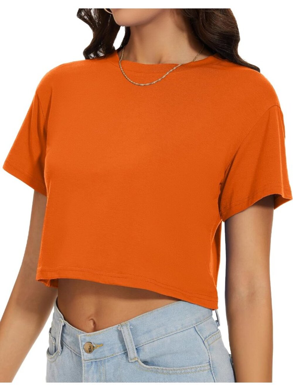 Women's Solid Orange Short Sleeve Round Neck Loose Fit Casual Summer Crop Tops - Picture 4 of 6